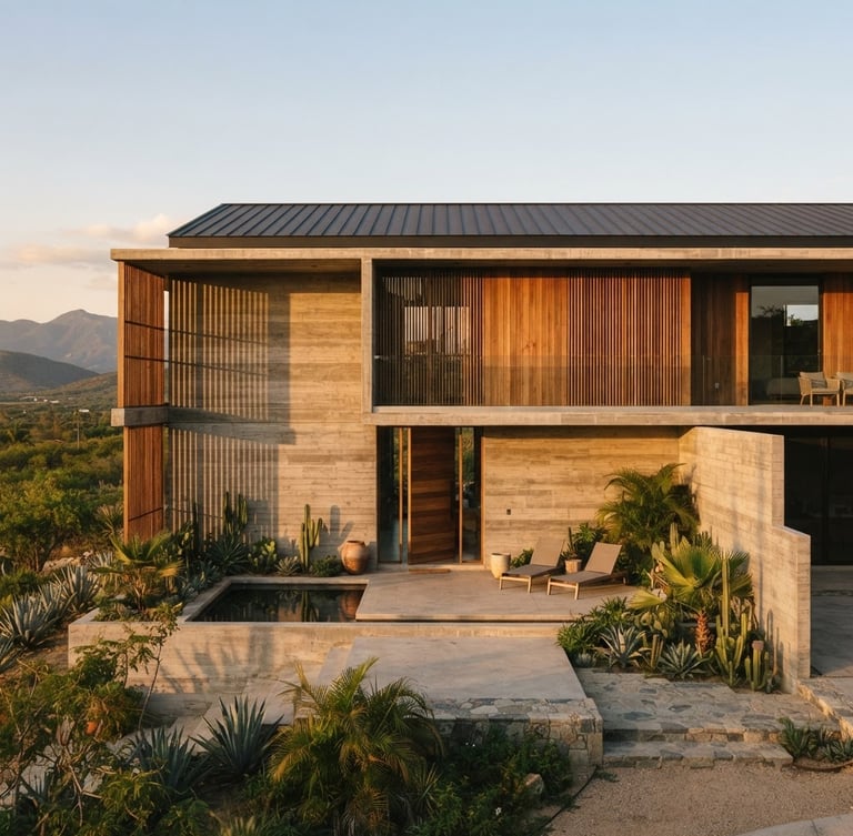 Wide-angle architectural elevation of a modern concrete and timber residence in Mexico at golden hour, casting long clean shadows, minimalist facade, 35mm