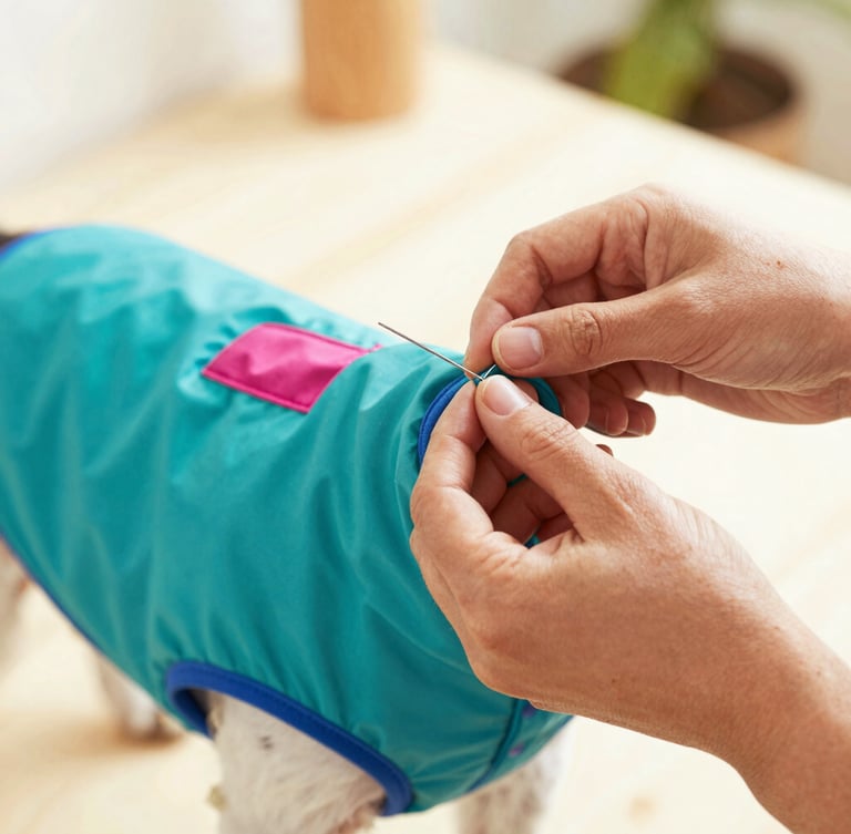 Close-up of hands carefully stitching a colorful teal dog vest in a bright, sunlit family workshop in Celaya, warm lighting, shallow depth of field