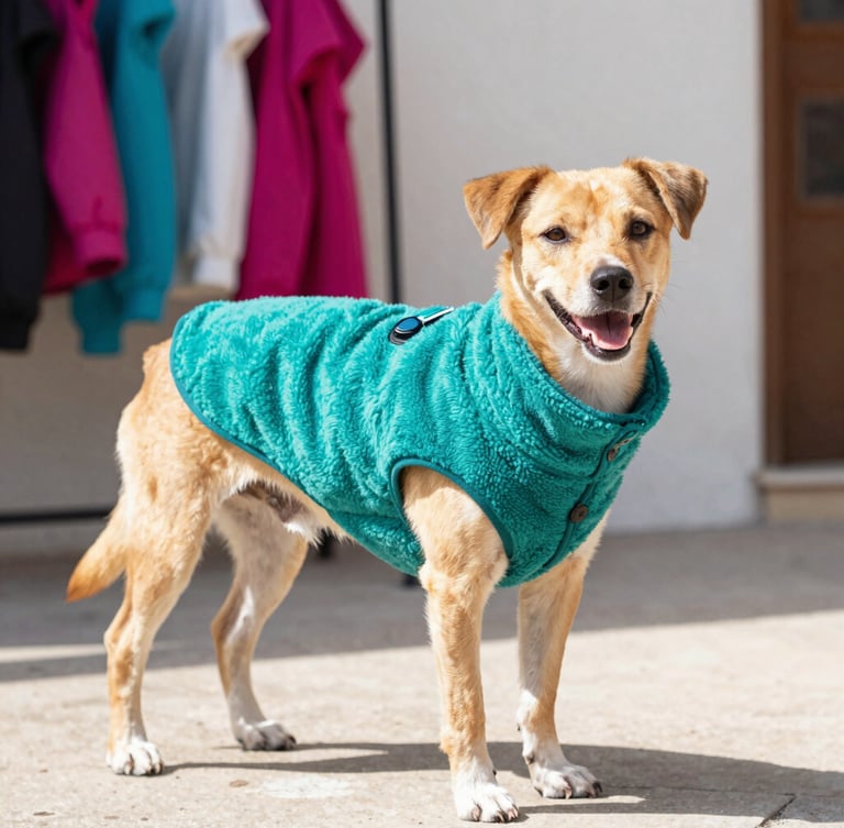 Candid eye-level shot of a happy three-legged dog wearing a custom-fit vibrant teal fleece vest, bright natural daylight, Celaya workshop background, 35mm