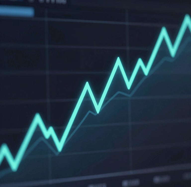 Sleek dark-mode 3D render of financial charts, neon electric blue and mint green lines, high-contrast tech aesthetic, octane render