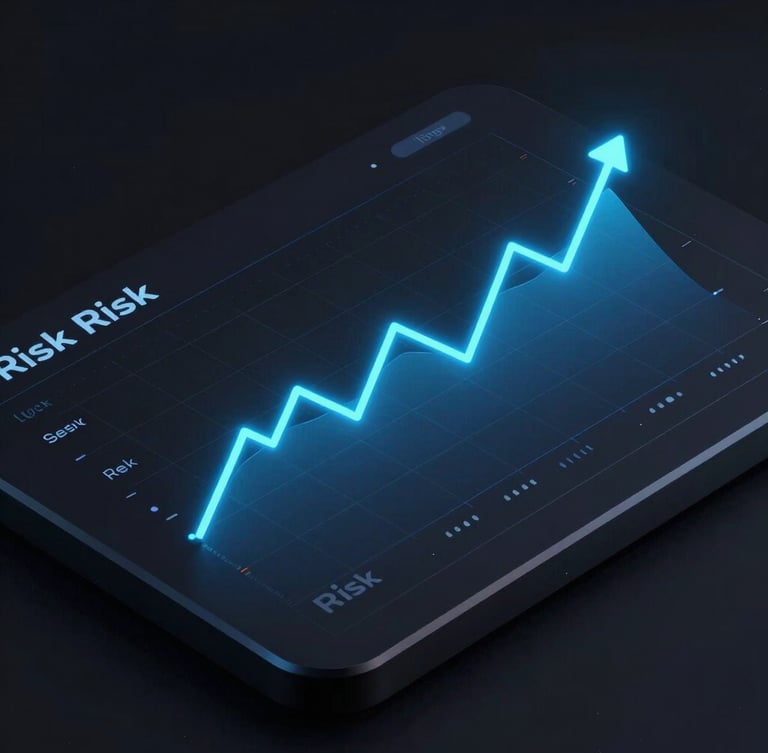 sleek dark-mode 3d render, neon electric blue chart lines, close-up isometric view of a risk calculation interface, high-contrast tech aesthetic, octane render, 8k