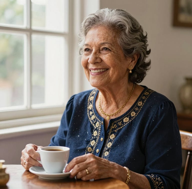 An elegant Brazilian retired woman smiling warmly, sitting by a wooden table with a cup of coffee, soft morning light filtering through a window, highly detailed editorial photography, navy accents