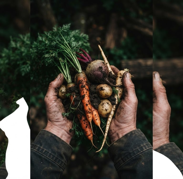 Wide portrait of a farmer's hands gently holding a handful of freshly harvested root vegetables, rich soil visible, soft natural light, deep shadows, matte texture, 35mm lens.