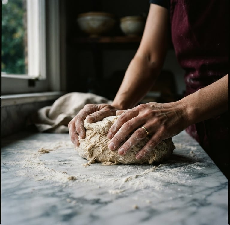 Close-up of hands kneading sourdough on a floured marble counter, soft natural morning light from a side window, deep shadows, moody editorial style, 35mm lens