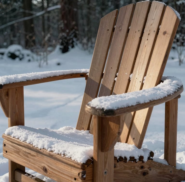 Close-up of a heavy cedar wood Adirondack chair dusted with fresh winter snow, morning light casting deep shadows, rugged editorial photography, 35mm