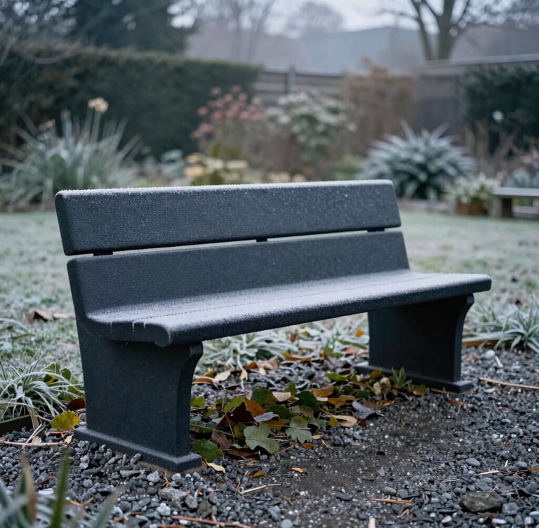 A heavy-duty freestanding storage bench sitting on real gravel in a frost-covered morning garden, soft overcast daylight, 35mm
