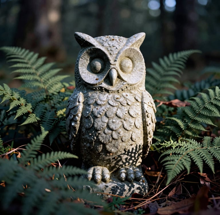 A thick-cut resin garden statue of an owl nestled in wild ferns, low-angle morning sun casting deep shadows, rugged editorial, 35mm