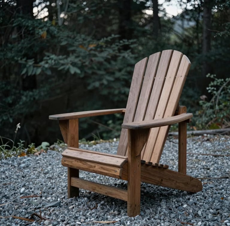 A heavy-set cedar Adirondack chair sitting on real grey gravel under soft morning overcast light, deep forest foliage in the background, 35mm editorial photography