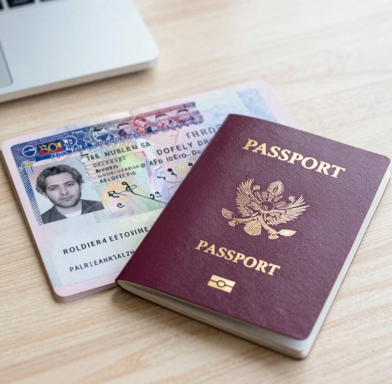 A close-up of official visa stamps and passports on a clean wooden desk, bright natural daylight, sharp focus on the document textures, professional and optimistic