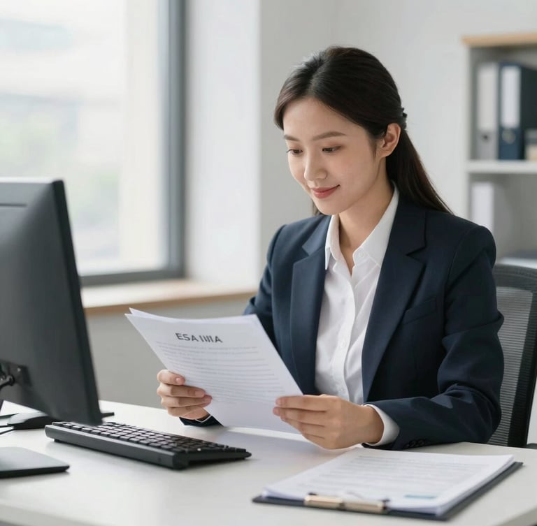 A professional visa specialist reviewing documents in a bright, modern office, natural daylight, clean corporate tones, 35mm lens