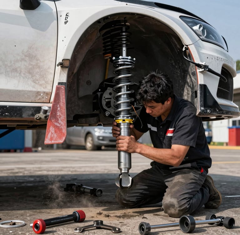 Rally mechanic working on suspension in the service park, dramatic lighting, tools and high-contrast details
