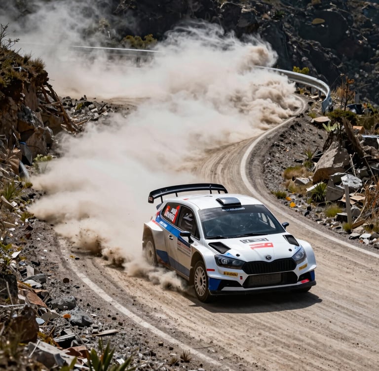 Dynamic high-angle shot of a rally car kicking up dust on a sharp mountain hairpin bend, dramatic natural daylight, clear route markings, 35mm lens