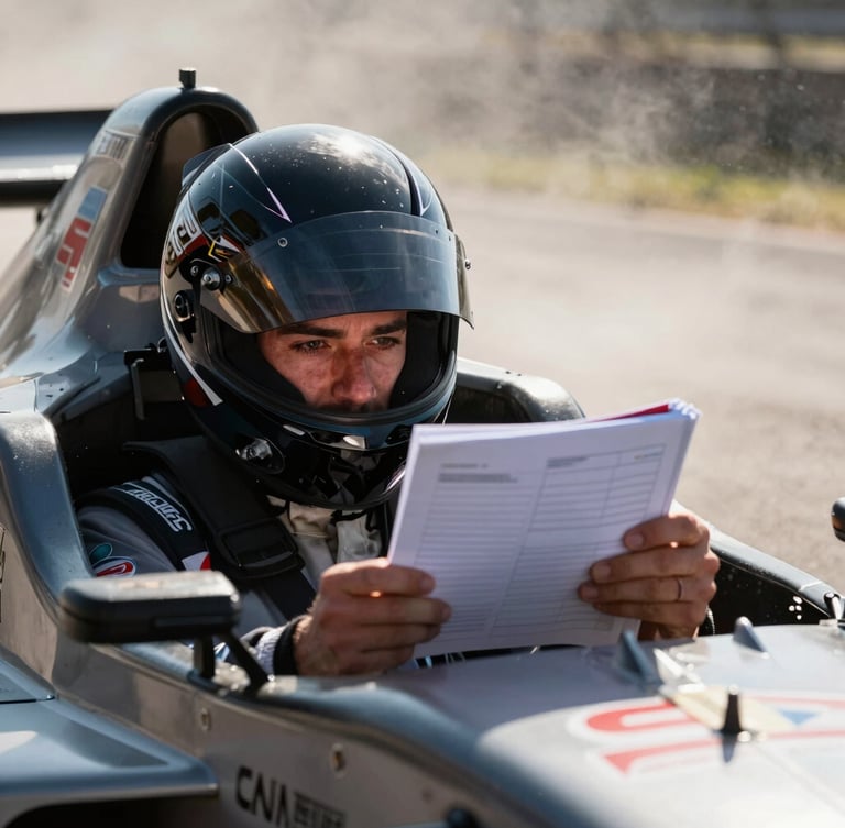 Close-up of a rally co-driver holding a pace note book, intense focus, inside a racing cockpit, high-contrast natural light, 35mm lens