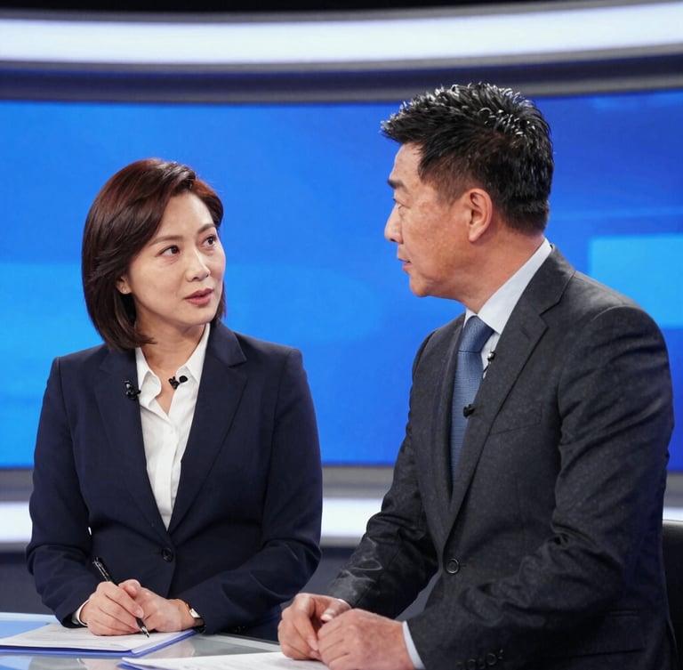 A medium close-up of two professional news anchors discussing reports in a modern television studio, dramatic key lighting, cinematic broadcast photography