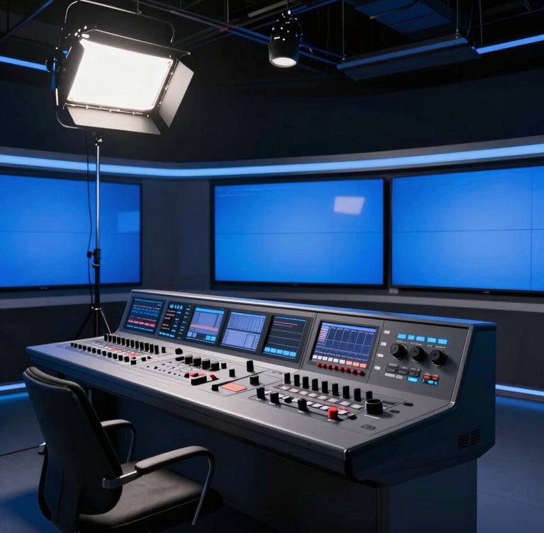 Cinematic broadcast photography of a modern television control room, dramatic studio key lighting, deep charcoal and electric blue tones, 35mm lens