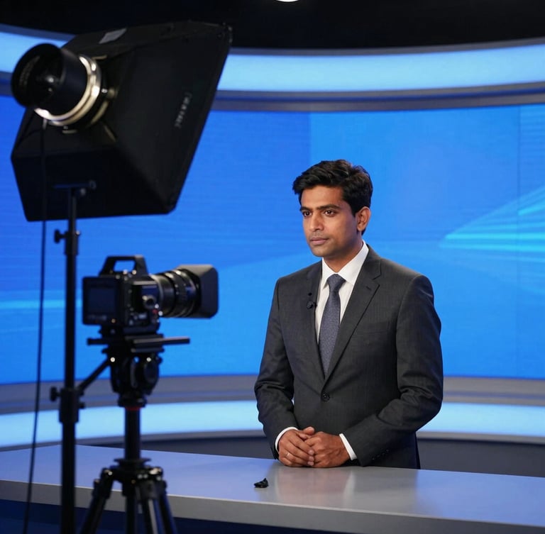 Dramatic studio key lighting on a professional news anchor presenting in a modern high-contrast Dhaka newsroom, deep charcoal and electric blue tones, cinematic broadcast photography, 35mm lens