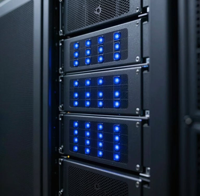 Macro close-up of high-performance server racks with sharp indigo indicator lights in a dark, structured Delaware data center, architectural, 35mm