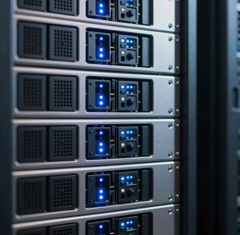 Macro close-up of high-density server racks, clean cool-toned indigo indicator lights, brushed silver metal frames, structured grid layout, 35mm photography.