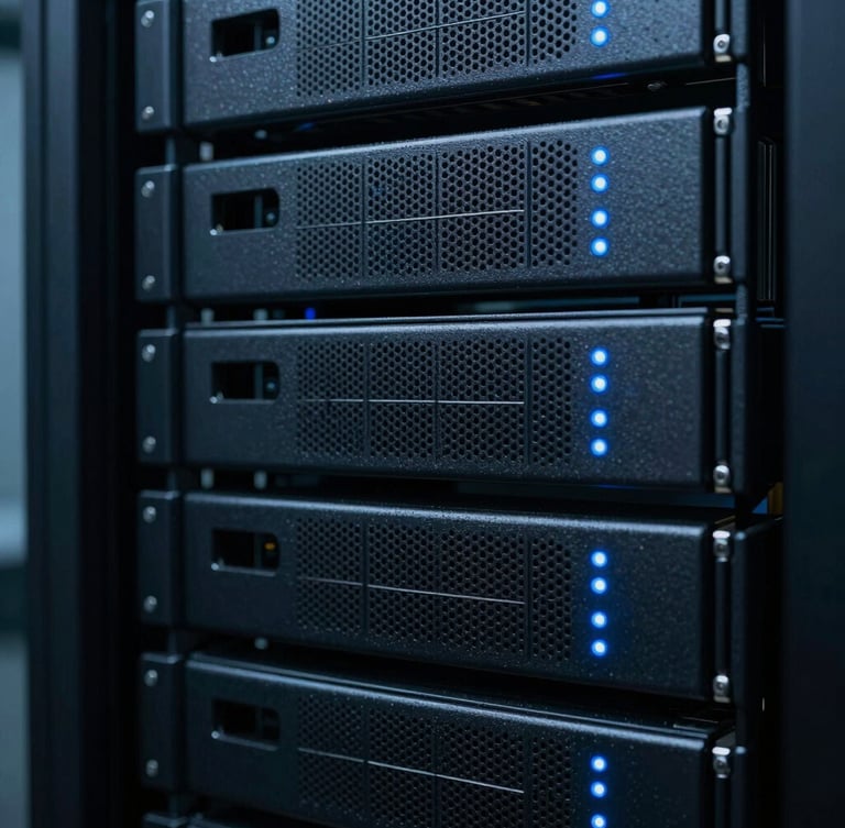 Macro close-up of high-performance server racks with subtle blue indicator lights in a dark, cool-toned data center, 35mm photography