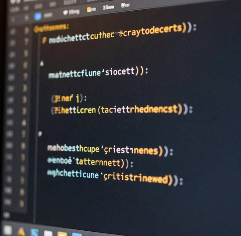Macro shot of clean code blocks on a dark monitor with warm gold ambient highlights, sharp focus, 35mm