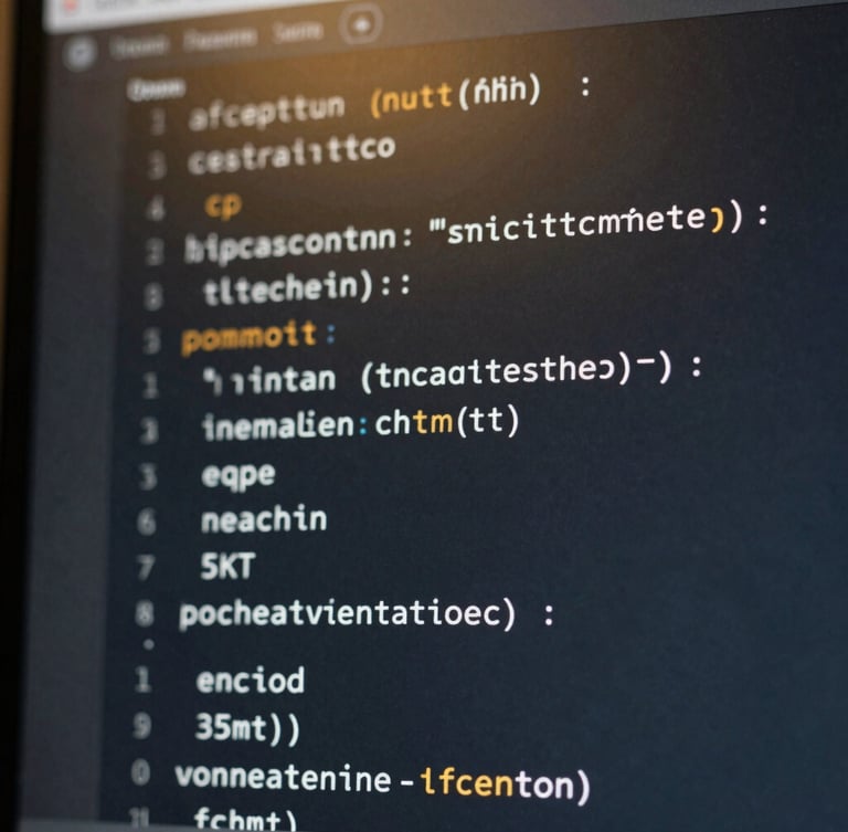 Macro shot of clean code blocks on a dark monitor with subtle warm gold highlights, premium corporate technology photography, sharp focus, 35mm