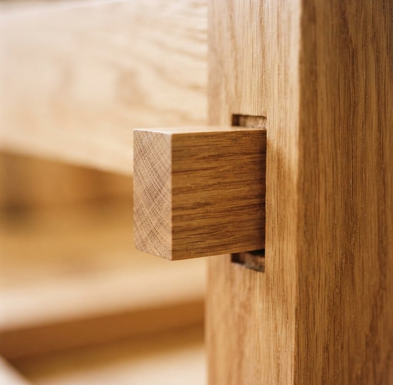 Macro detail shot of a perfectly aligned mortise and tenon joint in warm Oregon white oak, soft diffused Pacific Northwest window light, shallow depth of field, 35mm.