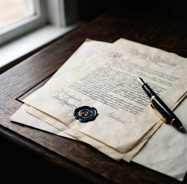 Close-up of legal documents and a fountain pen on a dark wooden desk, dramatic side-lit window light, deep navy and gold tones, sharp focus.