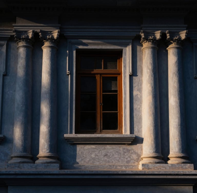 Dignified architectural detail of a traditional Indian court building facade with high columns, dramatic side-lit window light, deep navy shadows, editorial legal photography style