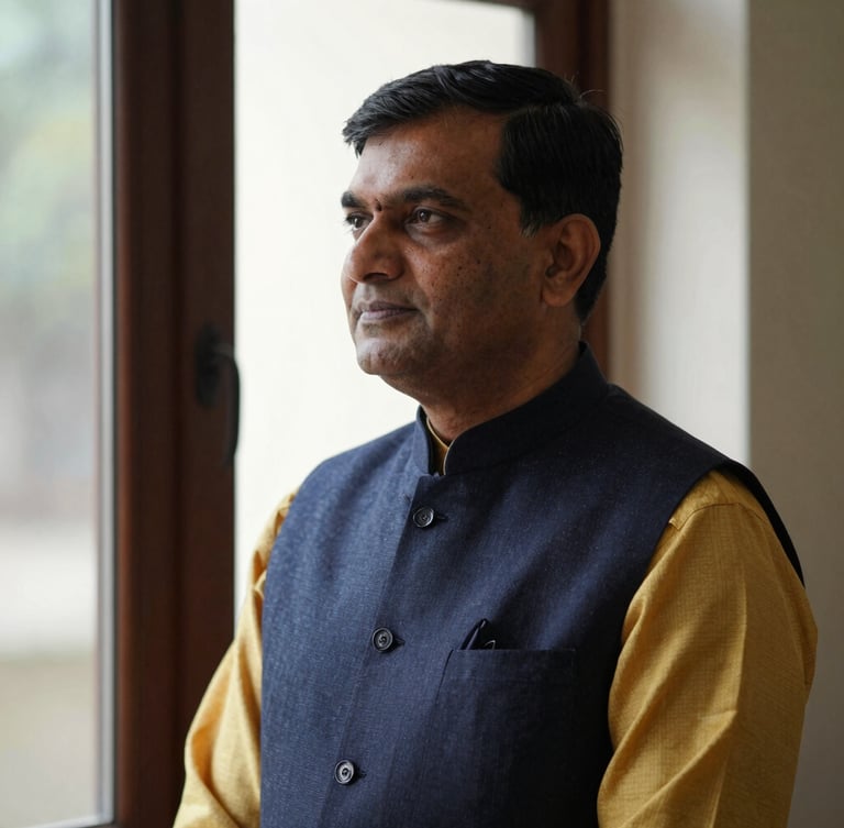 Dignified portrait of Adv Shailender Bahl in professional attire, side-lit, deep navy and gold tones, sharp focus.