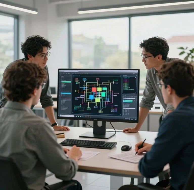 A clean, modern architectural workspace with team members collaborating around a large monitor showing technical system architecture diagrams, cool natural daylight.