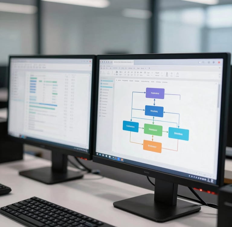 A close-up of a modern clean workstation in London with dual monitors displaying structured database schemas and clean system architecture diagrams, cool daylight.