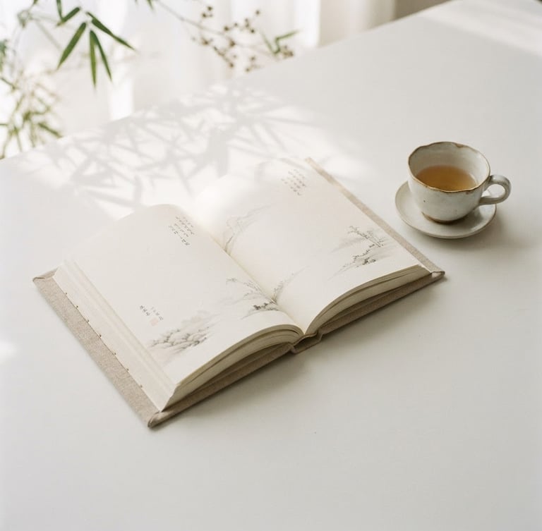 Clean, minimalist photography of a beautifully bound book cover (Chinese or English, neutral tone) lying open on a white surface, with soft, diffused morning light casting subtle botanical shadows. A single delicate tea cup is placed beside it, plenty of negative space, 35mm.