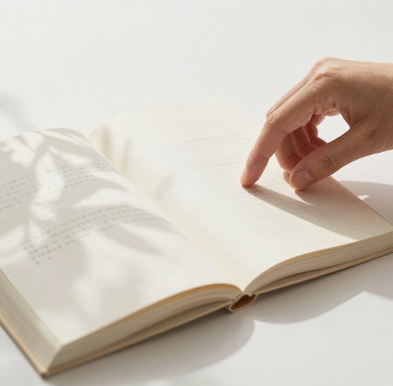 Portrait shot of a hand gently turning the page of a physical book, soft diffused daylight casting subtle botanical shadows on the page, warm muted tones, clean white background, elegant Chinese typography visible, focus on the texture of paper and the thoughtful gesture.
