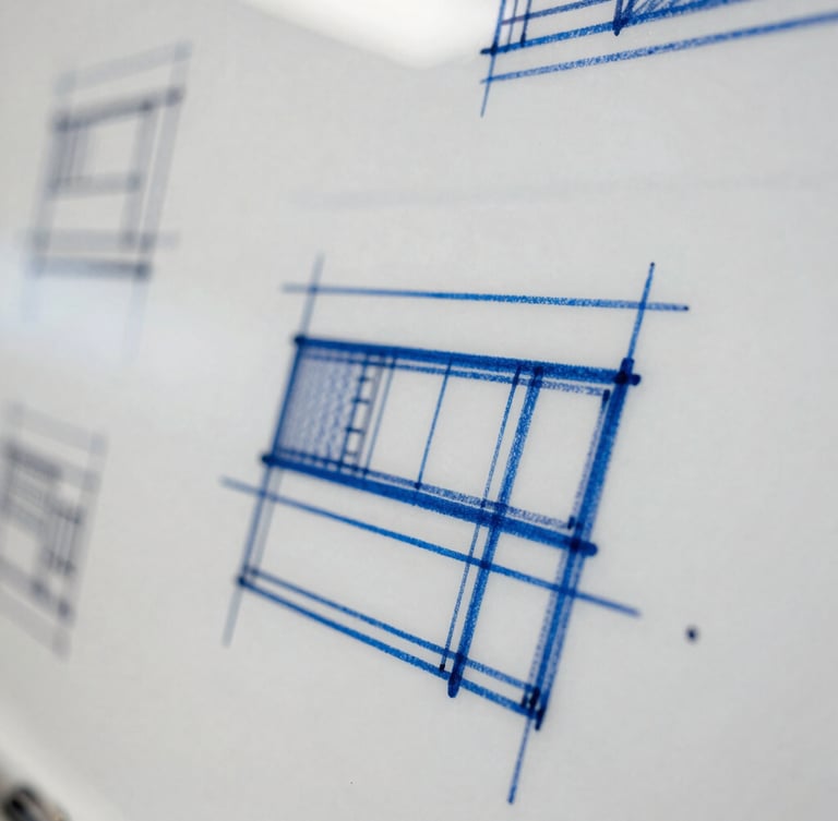 Tight macro shot of complex architectural diagrams sketched on a whiteboard, blue marker lines, shallow depth of field.
