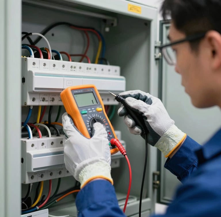 Close-up of a professional electrician in a clean uniform wearing safety gloves and glasses, using a digital multimeter to test a modern, organized electrical panel with clean wiring, technical high-contrast lighting.