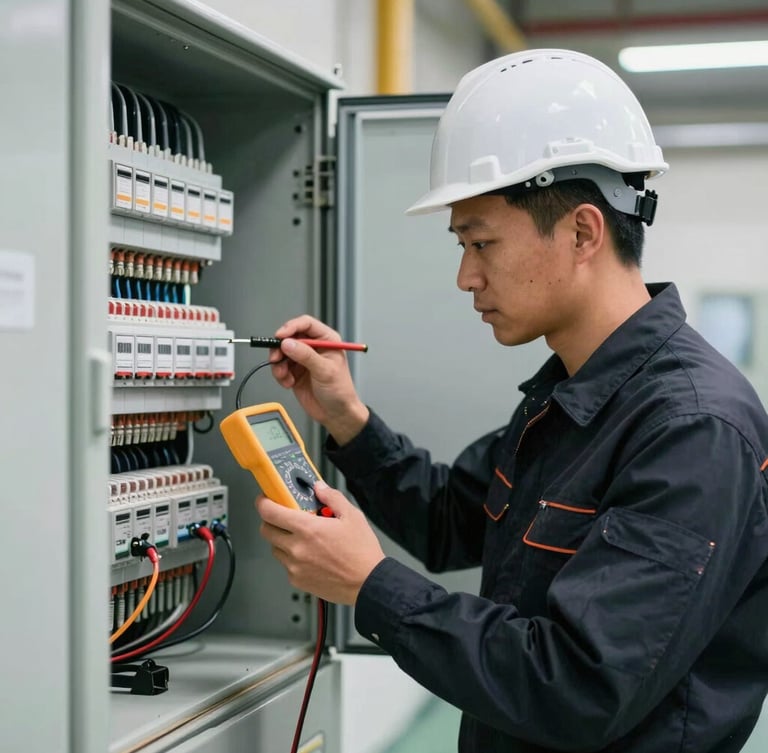 A professional electrician in a clean dark uniform and safety helmet inspecting an industrial electrical panel with a digital multimeter, sharp technical lighting, focused workspace.