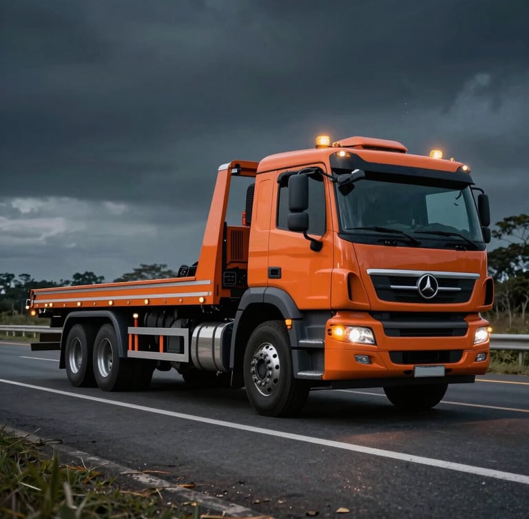 Low-angle dynamic shot of a modern orange flatbed tow truck parked on a Brazilian highway shoulder, amber safety lights flashing, cinematic dramatic lighting, sharp focus, 35mm lens