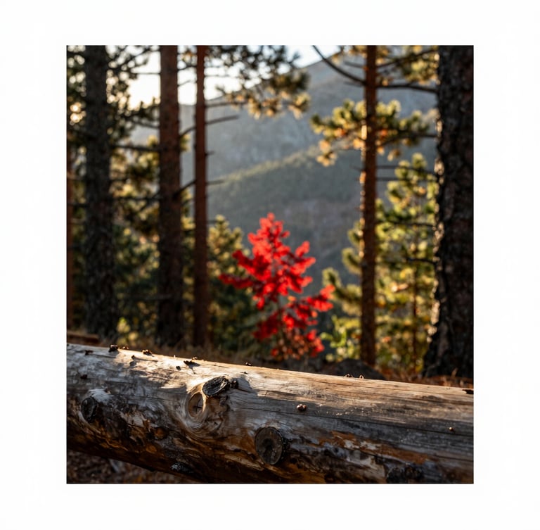 Warm afternoon mountain sunlight filtering through pine trees, raw wood texture in the foreground, shallow depth of field, rustic editorial photography