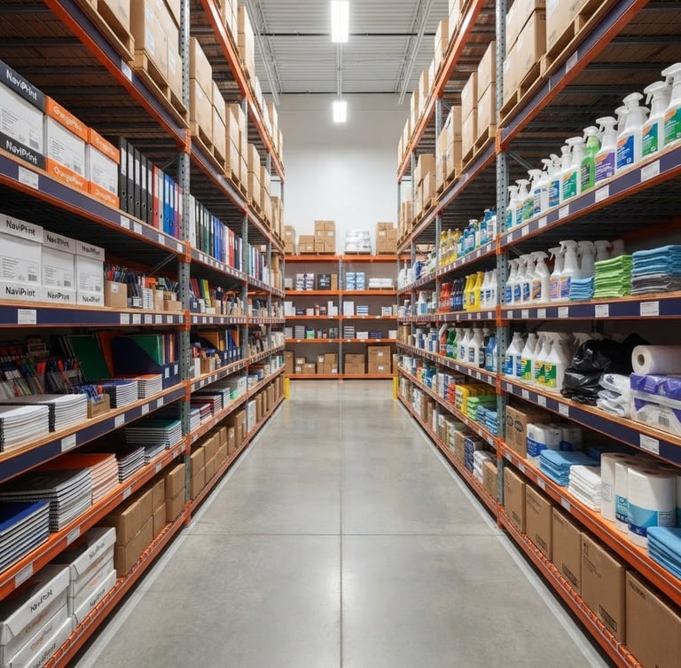 Clean corporate warehouse aisle, neatly stacked bulk stationery and housekeeping supplies, bright high-key studio lighting, organized layout, crisp navy and orange accents, sharp focus.