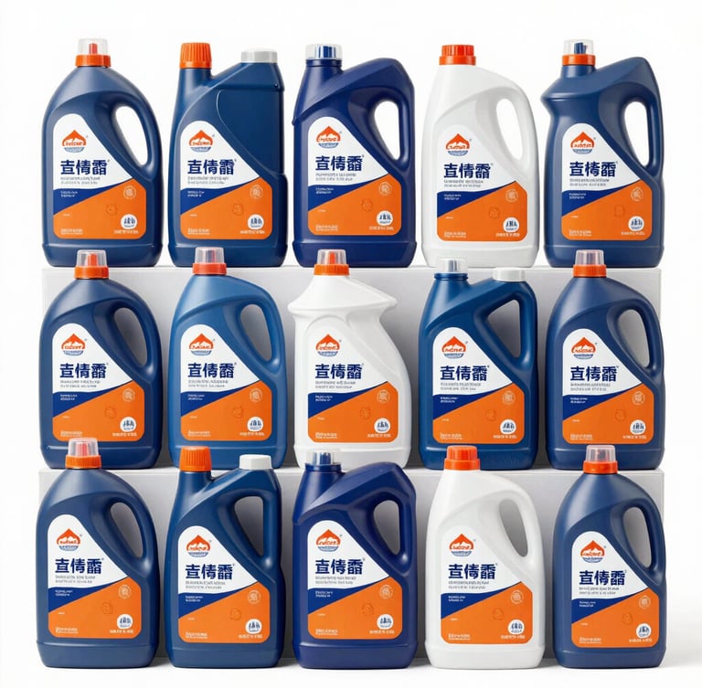 Eye-level shot of organized rows of industrial-grade cleaning supplies, including floor cleaners and disinfectants, in a warehouse setting, bright high-key lighting, straight-on framing, crisp navy and orange accents.