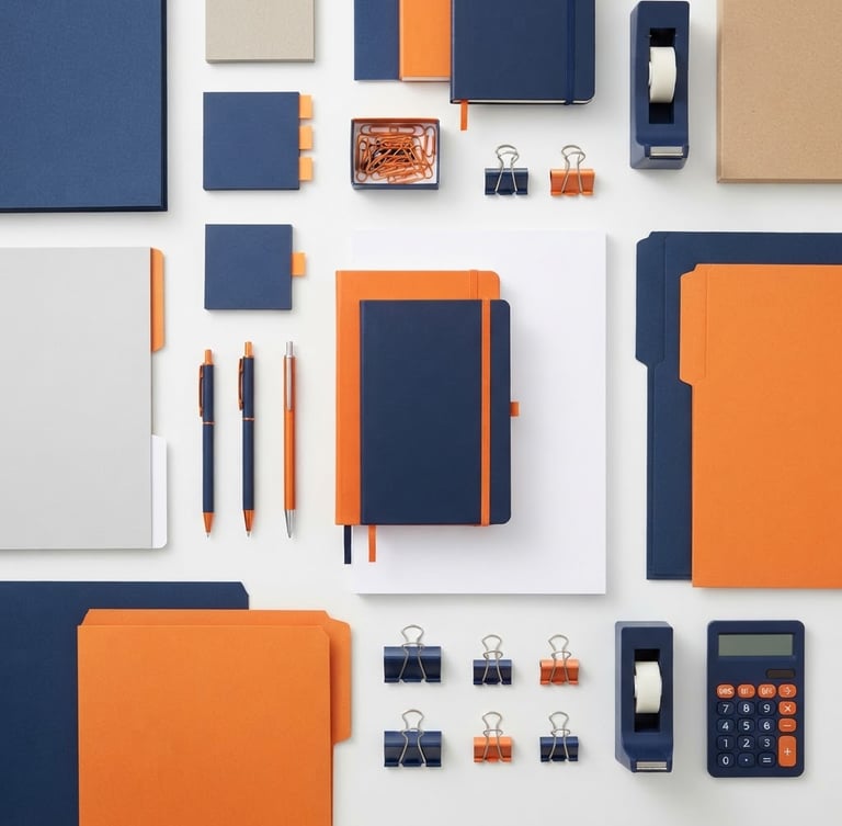 Clean flatlay of industrial office stationery, including neatly stacked files, folders, notebooks, and printer paper, arranged with sharp lines under bright studio lighting. Navy blue and orange accents visible.