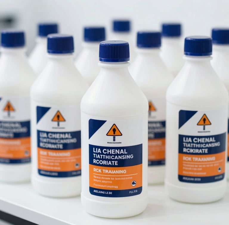 Close-up of industrial cleaning chemical bottles, clearly labeled with safety seals, in a bright, high-key laboratory setting, organized layout.