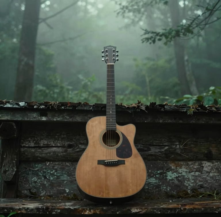 A worn acoustic guitar resting against a rustic cabin wall in the heavy fog of an overcast morning, desaturated forest green tones, moody cinematic lighting.