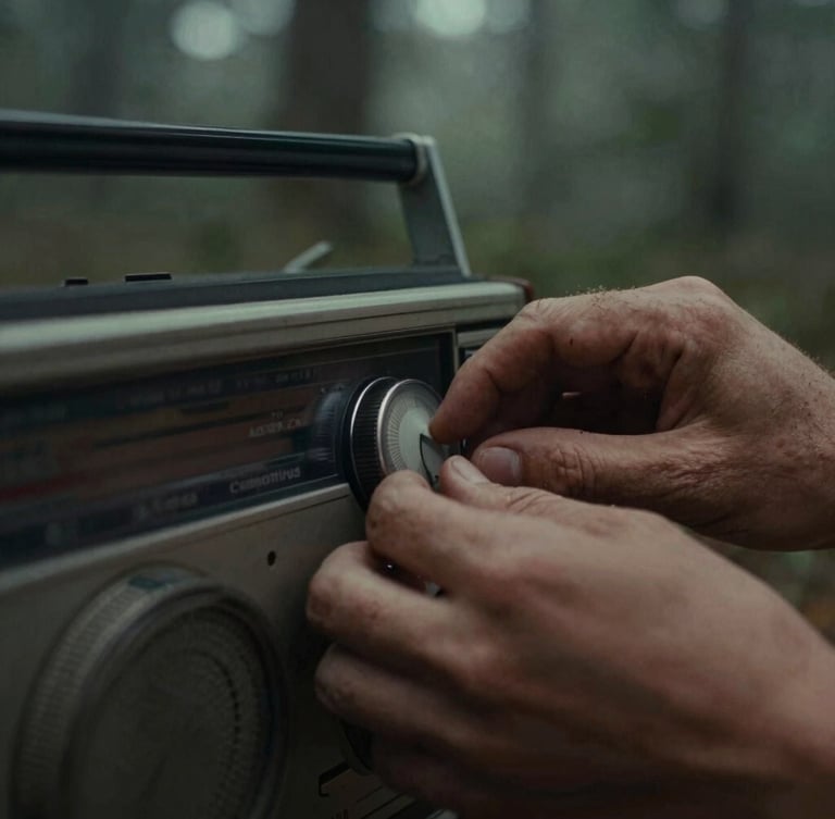Close-up of weathered hands adjusting the analog dial of a vintage radio receiver, warm low-key lighting, 35mm film grain