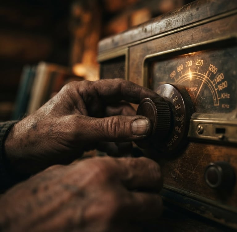 Extreme close-up of weathered hands adjusting a vintage analog radio dial, warm low-key lighting, 35mm film grain, moody atmospheric depth of field.