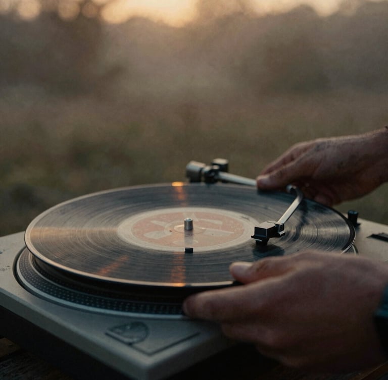 Close-up of weathered hands holding a dusty vinyl record over a turntable, soft golden-hour twilight, moody shadows, 35mm grain