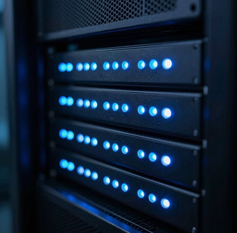 Macro shot of a secure server rack with cool-toned blue LED indicators, dark low-key neon lighting, sharp focus