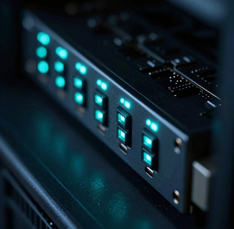 Extreme macro shot of a server node with electric cyan LED indicators, dark low-key neon lighting, sharp focus, technical style