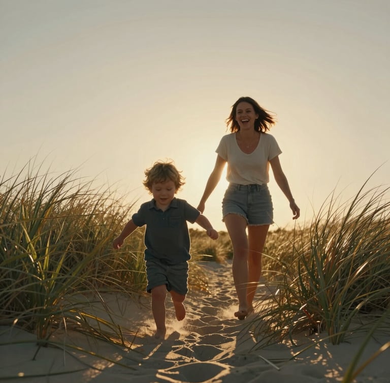 Low-angle golden hour shot of a mother laughing as her toddler runs through tall beach grass, warm backlighting, cinematic wide frame.