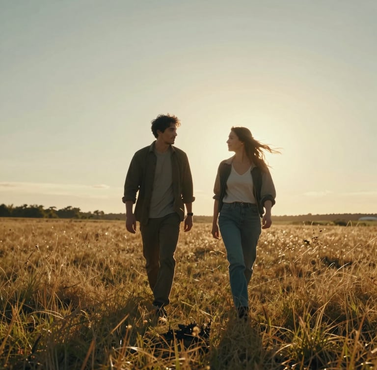 Cinematic wide shot of a couple walking through a sun-drenched golden hour meadow, wind-blown hair, warm backlighting, low-angle sun flare, unposed.